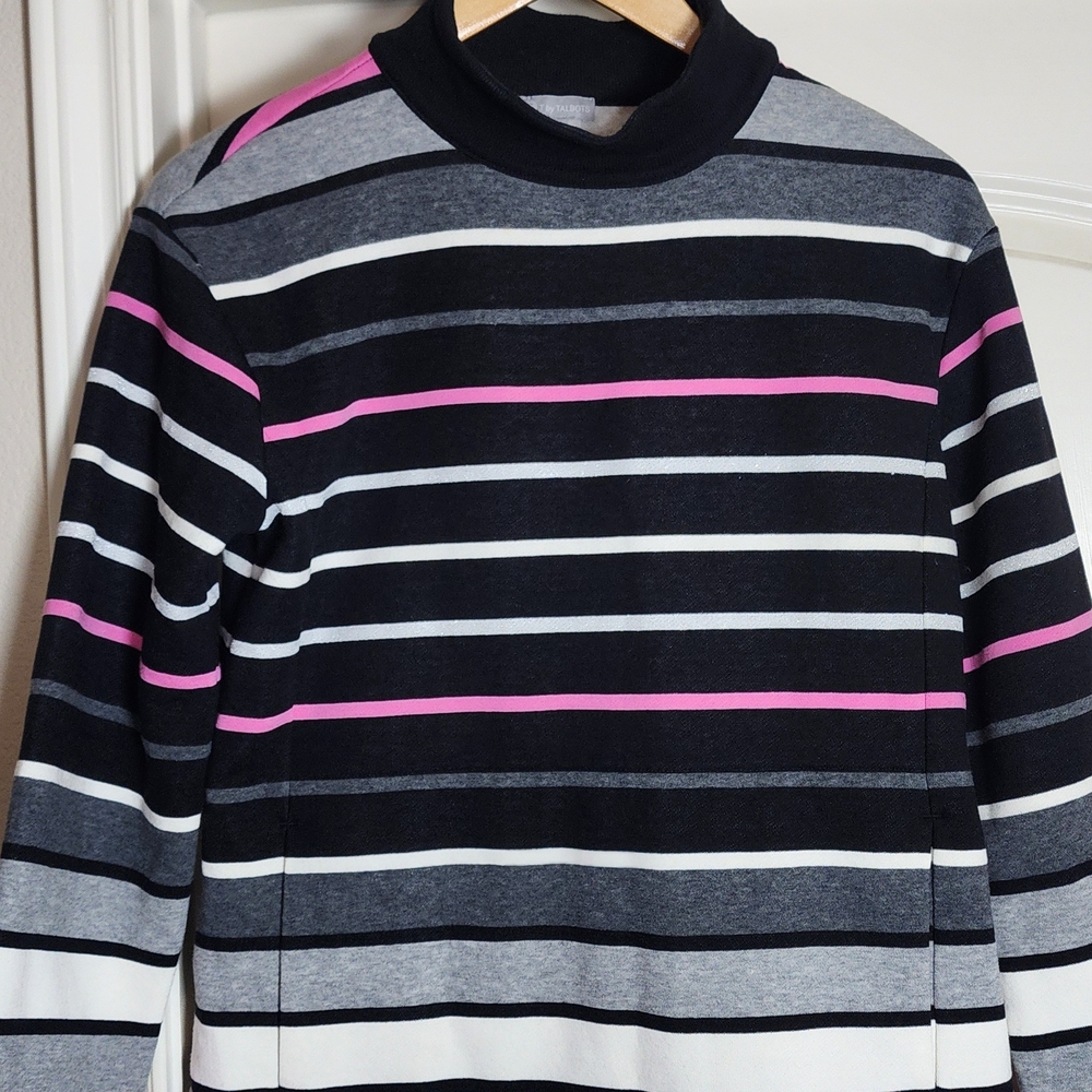 T by Talbots Women's Pullover Size P Multicolor Stripe Mock Neck Kangaroo Pocket